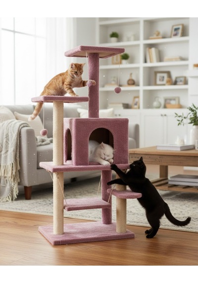 Reyo Pet Y01 Salıncaklı Yuvalı Lüx Kedi Tırmalama Oyun Evi Gül Kurusu