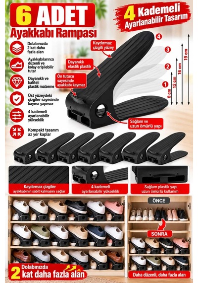 Shoemax 4 Kademeli Ayarlanabilir Ayakkabı Rampası Dolap İçi Yer Tasarruflu Ayakkabı Düzenleyici. Siyah 6 Adet