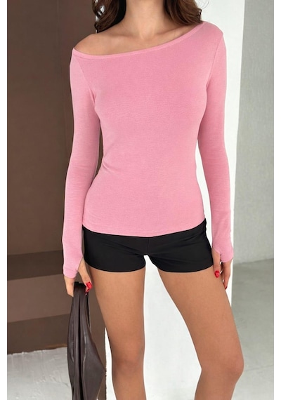 Elaxi Kadın Kayık Yaka Parmak Geçmeli Uzun Kollu Full Likralı Pamuk Viskon Buzzy Body Tişort Pembe Elaxi Kadın Kayık Yaka Parmak Geçmeli Uzun Kollu Full Likralı Pamuk Viskon Buzzy Body Tişort Pembe