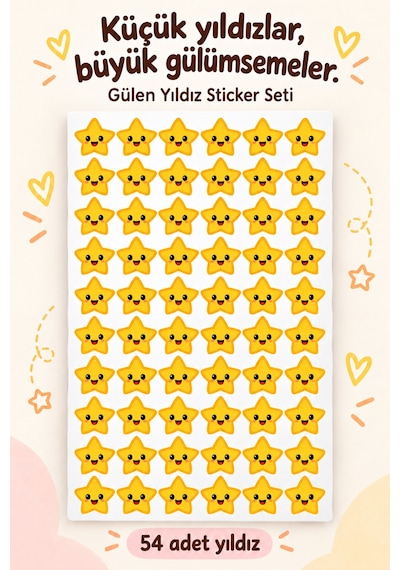 Gülen Yıldız Sticker Seti 54 Adet 1 Sayfa Öğrenci Ödüllendirme, Ödev Takibi Ve Defter Süsleme Çok Renkli