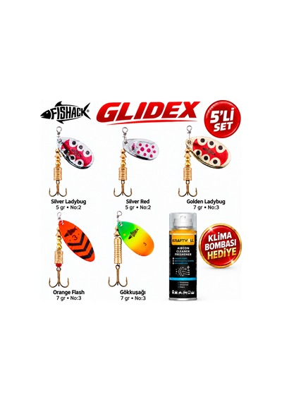 Fishack Glidex 5'li Döner Kaşık Seti + Klima Bombası - Silver Ladybug 5 Gr No:2 + Golden Ladybug 7 Gr No:3 + Orange Flash 7 Gr No:3 + Gökkuşağı 7 Gr No:3 + Silver Red 5 Gr N