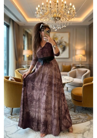 Azra Butik Tam Boy Kahve Dalga Desen Elbise