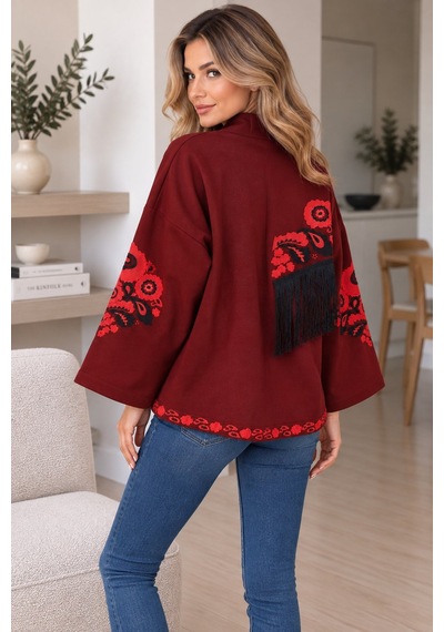 Lima Bordo Kadın Nakışlı Ceket Etnik Desenli Püskül Detaylı Kimono Ceket