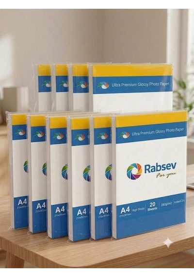 Rabsev Ultra Premium Parlak Fotoğraf Kağıdı A4, 260g/m2, Yüksek Parlaklık, Anında Kuruyan, 200 Yaprak 10 Paket X 20 Yaprak