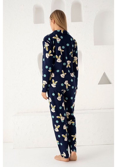Siyah İnci Lacivert Pamuklu Düğmeli Pijama Takım