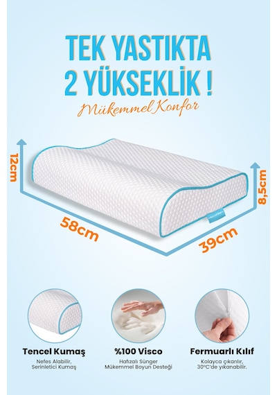 Viscofoam Yüksek Boyun Destekli Ortopedik Yastık Visco Yastık 58x39x12-8.5cm