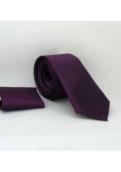 Gaffy Koyu Mor Slim Fit İnce Düz Renk Mendilli Saten Kravat - SS-21 Mor