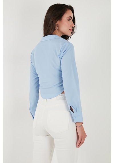 Lela Pamuk Karışımlı Slim Fit Uzun Kollu Crop Bayan Gömlek 6777336 Bebe Mavi