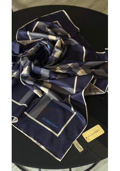 Miorel Scarfs Ekose Desen Çift Taraflı Vual İpek Eşarp Silk Scarfs Hijab Şal Aksesuar Fular Lacivert