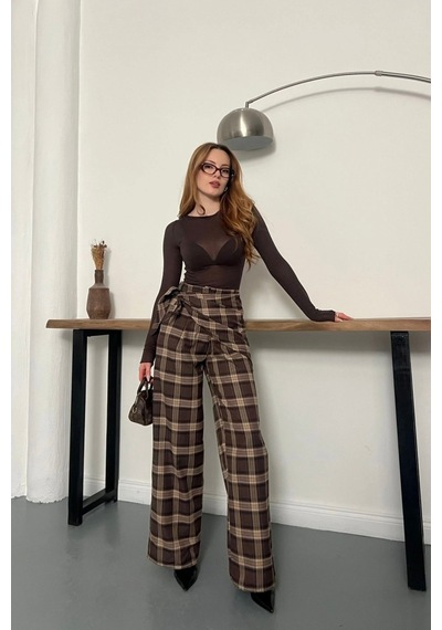 Meecy Bsk Fular Detaylı Ekoseli Tailored Fit Pantolon Kahverengi Kahverengi