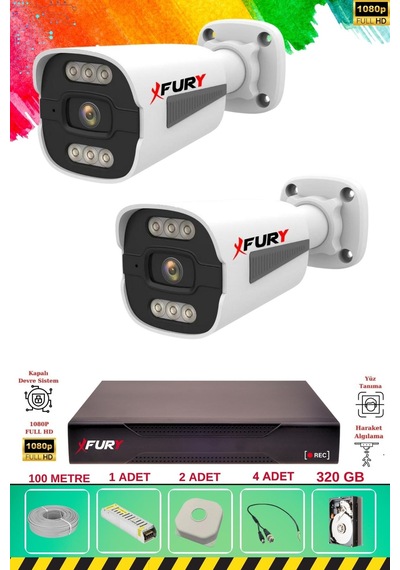 Fury 2 Kameralı 6 Warm Led Gece Renkli Görüş-cepten İzle-su Geçirmez Güvenlik Kamerası Seti 320gb