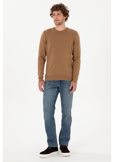U.S. Polo Assn. Erkek Slim Fit Bisiklet Yaka Camel Basic Kazak 50313713-VR015