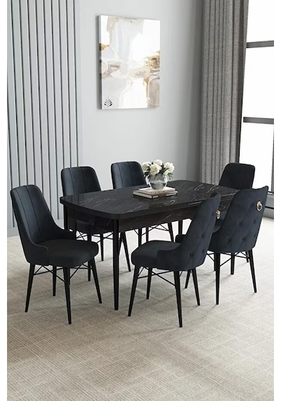 Loft Siyah Mermer 80x132 Açılabilir Mdf Masa Yemek Odası Takımı, Mutfak Takımı 6 Sandalye Antrasit Loft Siyah Mermer 80x132 Açılabilir Mdf Masa Yemek Odası Takımı, Mutfak Takımı 6 Sandalye Antrasit
