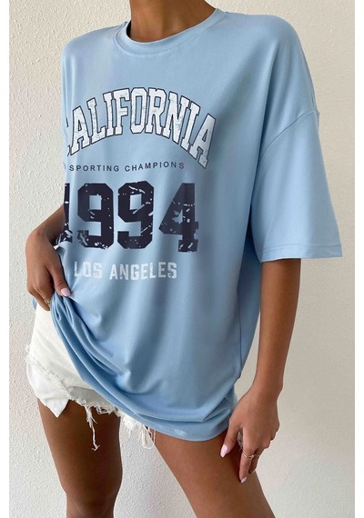 Uyguntarz Unisex California Baskılı Oversize Tshirt Bebe Mavisi