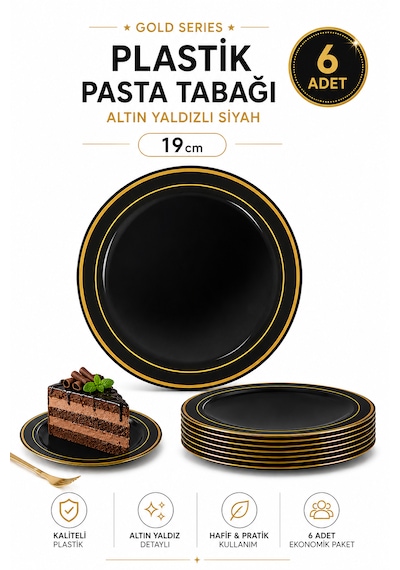 Porselen Görünümlü Altın Yaldızlı Plastik Tabak Siyah 19 Cm 6'lı