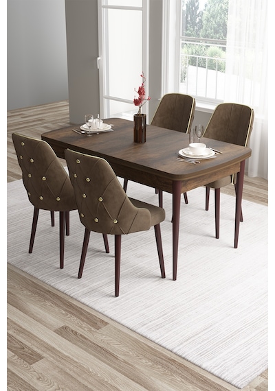 Canisa Tia Serisi, Barok Ahşap Desen 80x132 Açılabilir Mdf Yemek Odası Takımı 4 Kahve Sandalye Gold Detay Masa Barok Ahşap Desen Sandalye Kahve