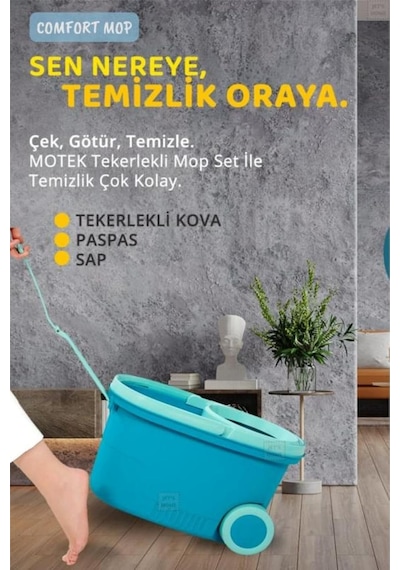 Comfort Mop Seti Tekerlekli Paspas Temizlik Seti Motek Temizlik Kovası Döner Başlıklı