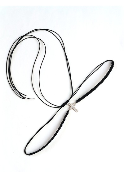 Gümüş Işıltılı Örme Siyah Haç İp Tasarım Kadın Choker Kolye