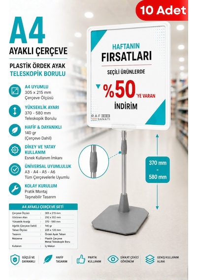 10 Adet - A4 Ayaklı Fiyat Etiketlik Teleskopik Borulu Çerçeve Etiketlik Yönlendirme Levhası Menü Panosu Beyaz