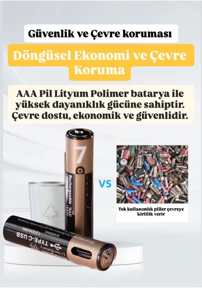 İnce Pil Aaa Pil Usb Type-c Kablo İle Şarj Edilebilir Lityum 2'li İnce Pil 1.5v Aaa / 1200mwh