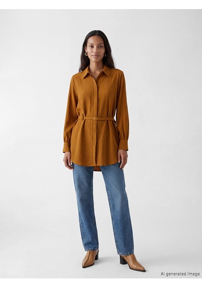 Lcw Everyday Sarı Kemerli Oversize Armürlü Kadın Gömlek Tunik