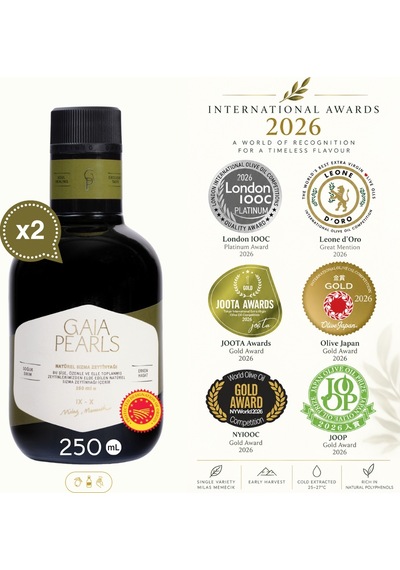 Gaia Pearls İkili Set Yeşil Seri 250 Ml X2 Avrupa Birliği Coğrafi İşaretli Milas Memecik Erken Hasat Soğuk Sıkım Zeytinyağı Dengeli Meyvemsi