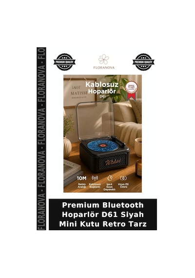 Premium Bluetooth Hoparlör D61 Siyah Mini Kutu Retro Tarz