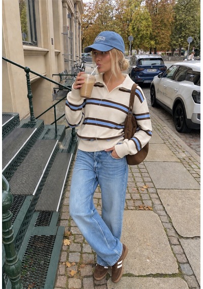 Nilza İstanbul Kadın Ekru Polo Yaka Oversize Çizgili Triko Kazak Ekru