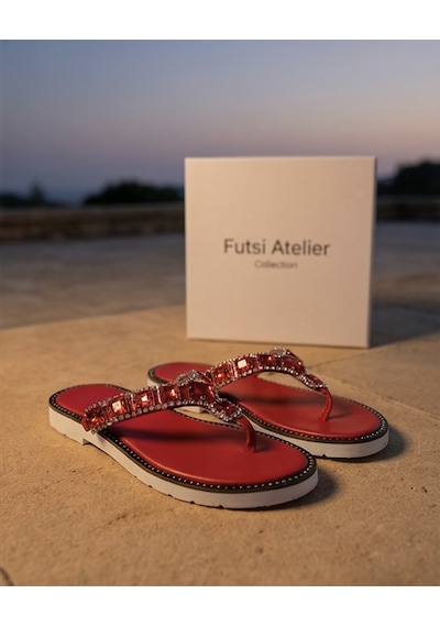 Futsishoes Amelıe Kırmızı Hakiki Deri Taş İşlemeli Parmak Arası Kadın Terlik