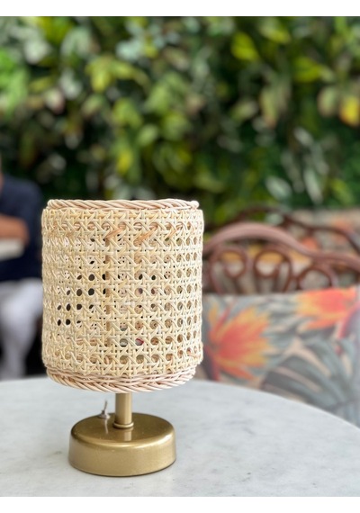 Hazeran & Rattan Masa Üstü Kablosuz Pilli Abajur Masa Lambası Eskitme Gold