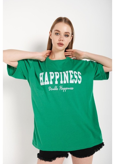 Flood Of Style Kadın Yeşil Happıness Baskılı Oversize Tshirt