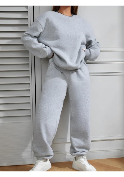 Düz Kalın Kışlık Eşofman Takımı - Gri Sweatshirt Jogger Oversize Sıfır Yaka Gri