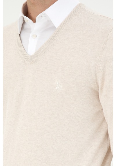 U.S. Polo Assn. Erkek Slim Fit V Yaka Krem Melanj Basic Kazak 50294764-VR159