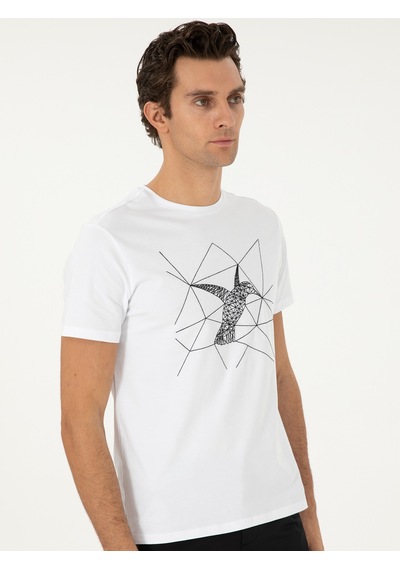 Beyaz Slim Fit Bisiklet Yaka Desenli T-shirt