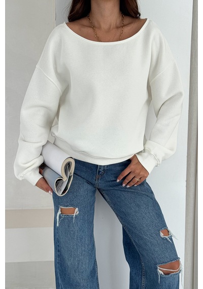 Noa & Noa Kadın Omuz Detaylı Polar Sweatshirt Rahat & Feminen Stil Beyaz