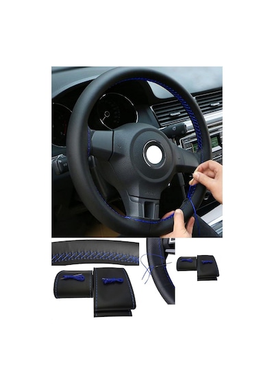 Hyundai İx35 2010-2015 Uyumlu Direksiyon Kılıfı Dikmeli Siyah Deri / Mavi Dikişli