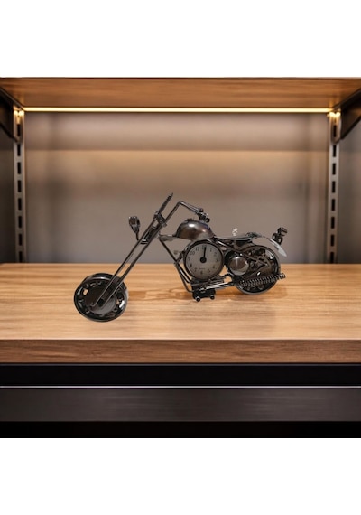 Kişiye Özel Metal Motosiklet Tasarımlı Klasik Masa Saati - Retro Motorcu Ofis Masa Üstü Saati Siyah
