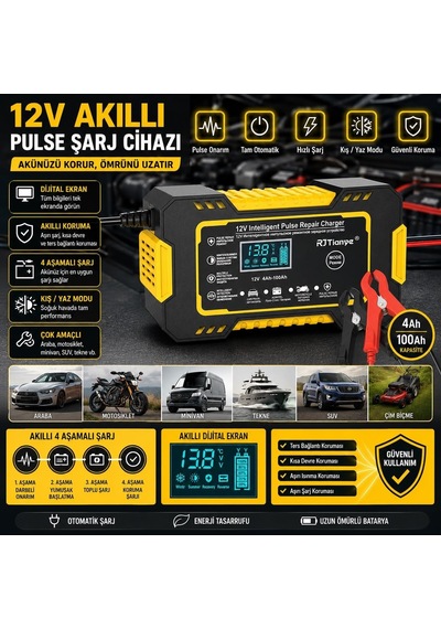 12v 6a Akü Şarj Cihazı, 4-100ah Uyumlu, Dijital Ekran, Otomatik Koruma, Araba Motosiklet Tekne