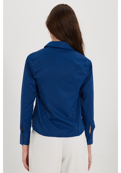 Tudors Kadın Slim Fit Dar Kesim Pensli Vücuda Oturan Klasik Yaka Uzun Kollu Likralı Lacivert Gömlek-40362