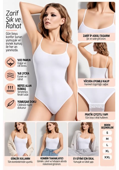N11 Kadın İp Askılı Çıtçıtlı Body Beyaz Esnek Ve Yumuşak Kumaş, Vücuda Uyumlu - Ryl - 2600