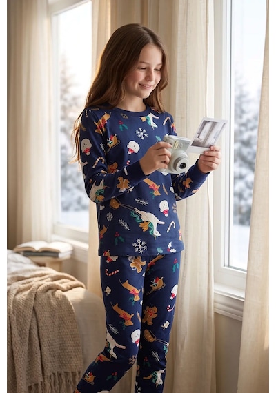 Zuzunga Unisex Çocuk Christmas Cookie Desenli Lacivert Pijama Takımı