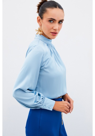 Sateen Yaka Detaylı Saten Bluz - Bebe Mavi-134912 Bebe Mavi