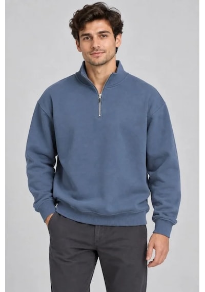 Erkek Üç İplik İçi Şardonlu Dik Yaka Yarım Fermuarlı Kışlık Sweatshirt - Mavi