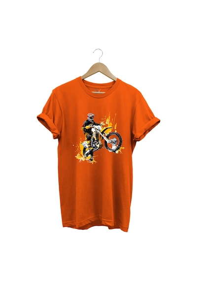 Motorcu Cross Motosiklet Baskılı Ön Kaldıran Motorcu %100 Pamuk Regular Fit Bisiklet Yaka T-shirt Turuncu