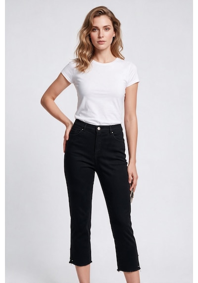 Seleste Kadın Yüksek Bel Düz Kesim Püsküllü Paça Crop Denim Pantolon Siyah