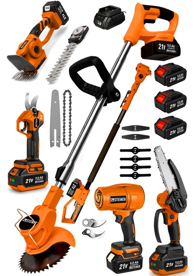 Steiner Şarjlı Hava Üfleme + Çim Biçme + Dal Budama Makas + Testere + Çit Budama + Teleskop Bahçe Seti T6101