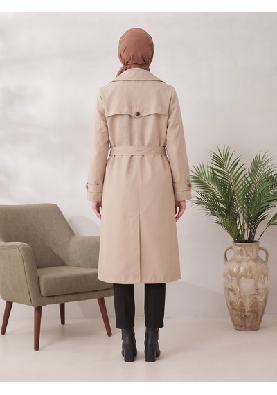B.he.z Kruvaze Yaka Bondik Su İtici Kumaş Astarlı Trend Model Diz Altı Trençkot Taş