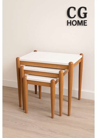 Ant Home Ada Zigon Sehpa Üçlü Lüx %100 Ağaç Lake Boyalı Sehpa Ekru