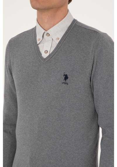 U.S. Polo Assn. Erkek Slim Fit V Yaka Gri Melanj Basic Kazak 50288881-VR086