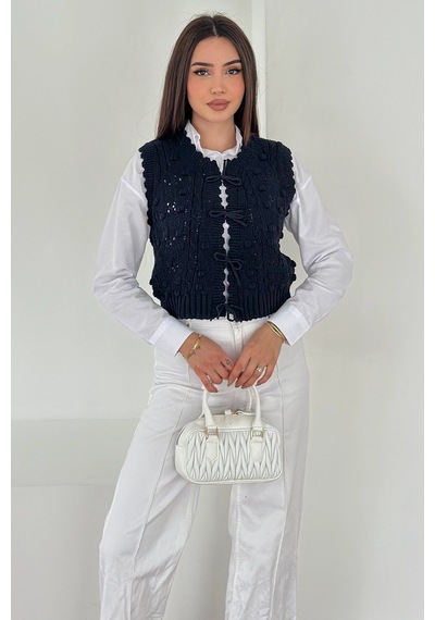 Noa & Noa Kadın Ponponlu Bağlamalı Triko Süveter Dokulu & Romantik Stil Lacivert